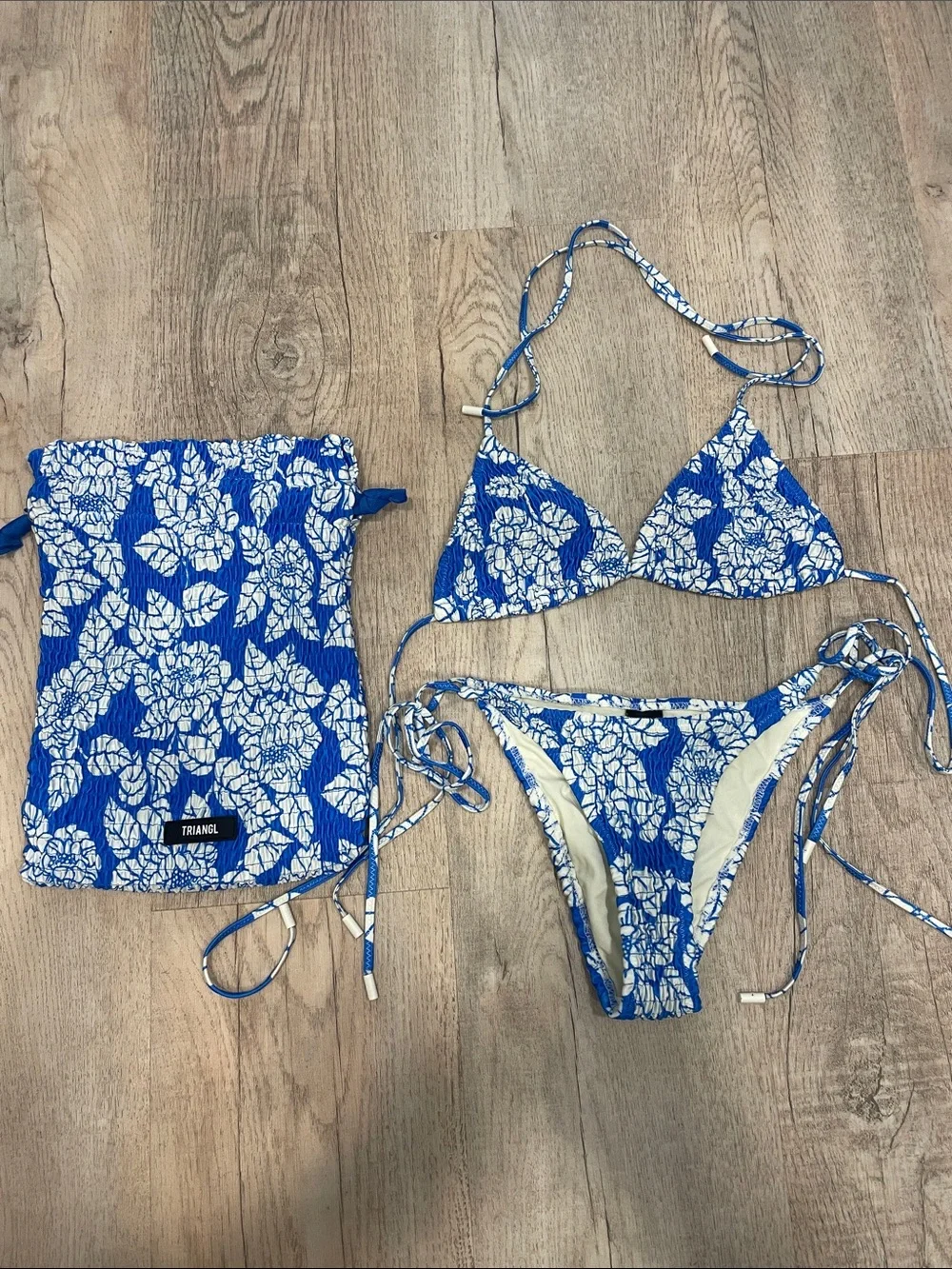 triangl swimwear Blue & White Floral Women’s Tie-Side Bikini with Pouch